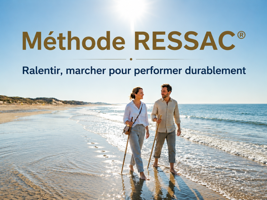 Programme "Calme et Efficace" Deux personnes marchant sur la plage, avec le texte "Calme & Efficace" en arrière-plan.